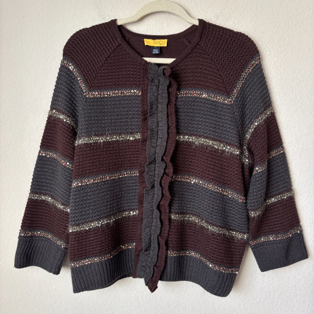Soca St. John Luxury Wool Silk Cashmere Striped Ruffle Cardigan Sweater